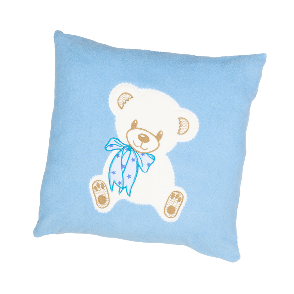 Декоративна подушка блакитна з вишивкою "Ведмедик" 0311 фото